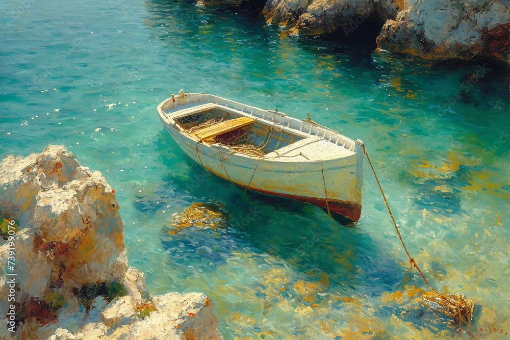 Obraz premium top down view . Clear water. oil painting of small boat at sea in a sunny day, modern impressionism