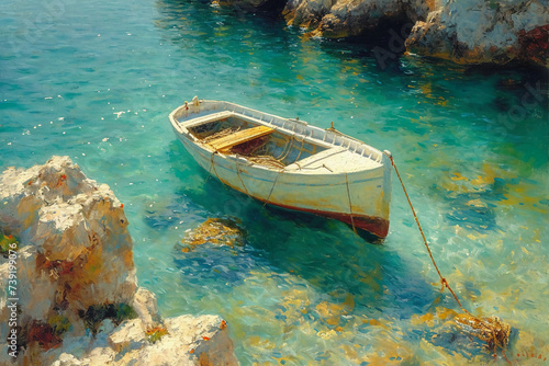 top down view . Clear water. oil painting of small boat at sea in a sunny day, modern impressionism