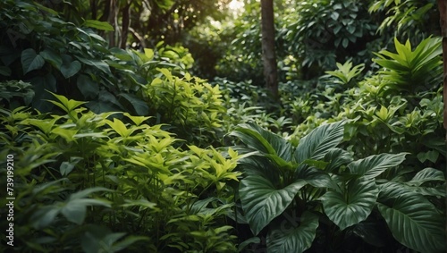 Lush green foliage in a serene garden. Vibrant natural leaves for an eco-friendly cover page. 