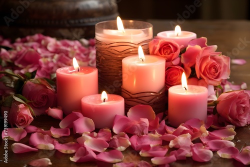 Romantic ambiance delicately placed pink candles and scattered rose petals. Concept Romantic Scenes, Pink Candles, Rose Petals