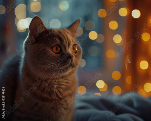 British shorthair cat sitting on bed