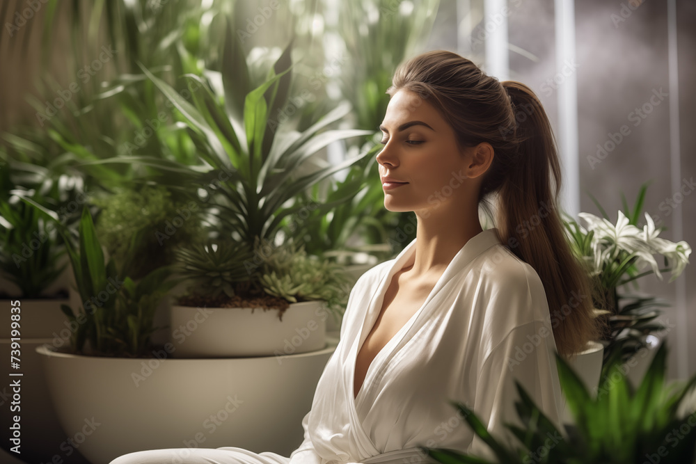 Spa salon accessories. Rest and relaxation. Skin care product package design. Woman in white spa salon. Spa salon accessories. Rest and relaxation. Skin care product package design. Woman in white spa salon.