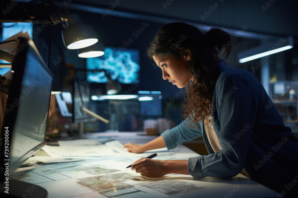 Obraz premium Data scientists work in a modern office of a technology company. The concept of business, science, technology and architecture.