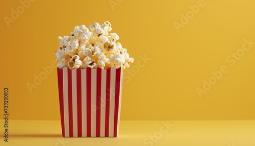 Popcorn scattering from red striped box on light yellow background with text space © Ilja