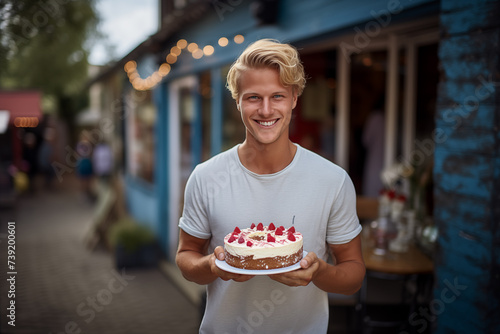 Young handsome blonde man at outdoors holding cake