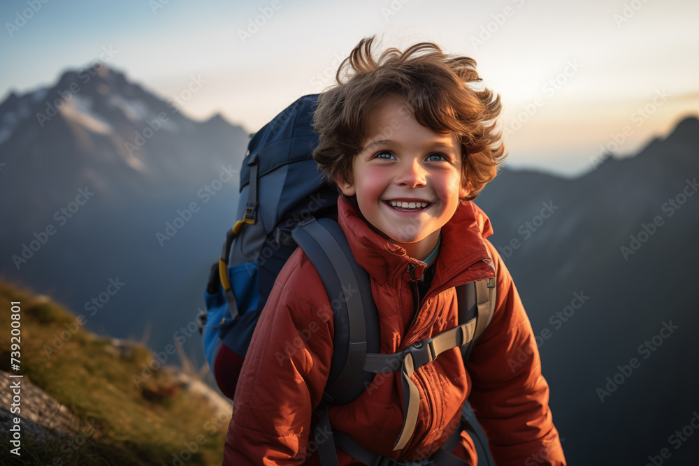 Little brunette kid at outdoors with mountaineer backpack Little brunette kid at outdoors with mountaineer backpack