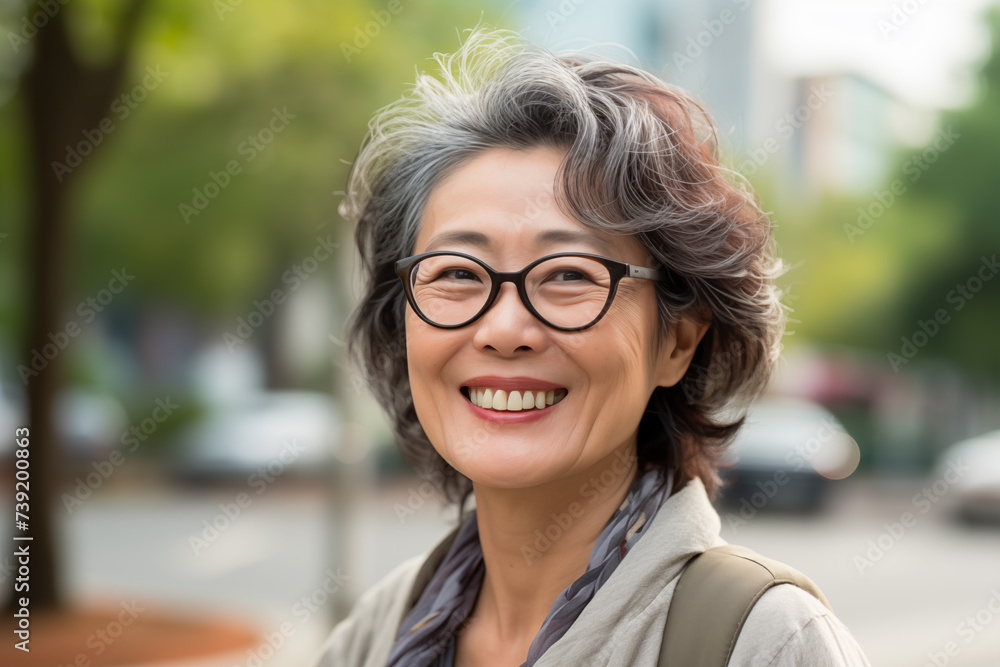 Middle aged Chinese woman at outdoors with glasses Middle aged Chinese woman at outdoors with glasses