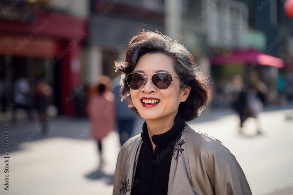 Middle aged Chinese woman at outdoors with sunglasses