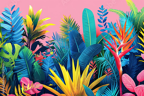 Light illustration of Individual standing rare tropical plants, bird of paradise, pothos with a pink sky.
