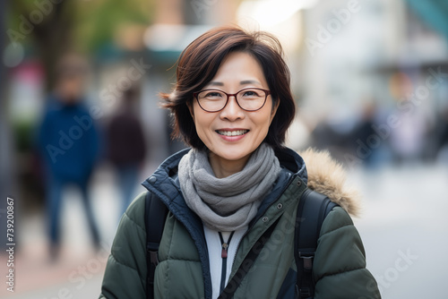 Middle aged Chinese woman at outdoors with glasses photo