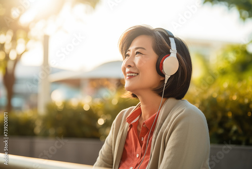 Middle aged Chinese woman at outdoors listening music with headphones