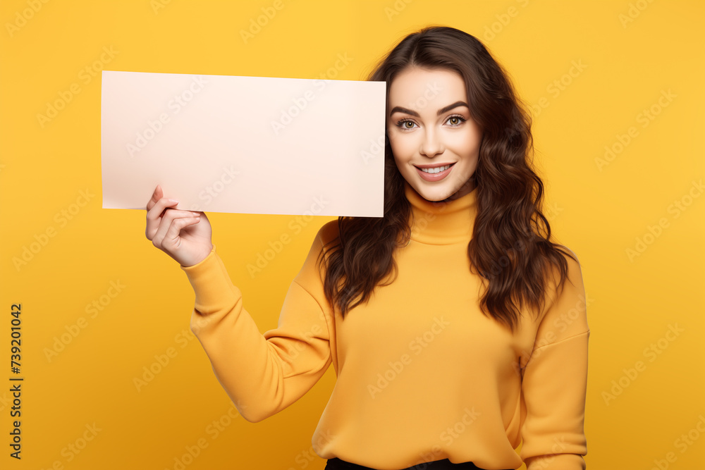 Young pretty brunette girl over isolated colorful background holding an empty placard Young pretty brunette girl over isolated colorful background holding an empty placard