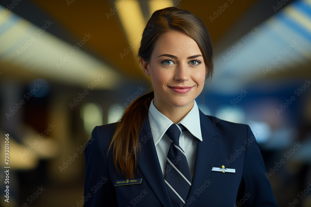 Young pretty brunette girl at indoors airplane stewardess Young pretty brunette girl at indoors airplane stewardess