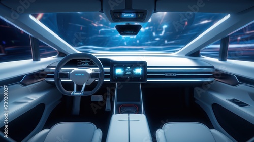 Interior of a self-driving car controlled by an artificial intelligence autopilot. Future technologies, internet of things and smart devices concept.