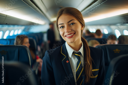 Young pretty brunette girl at indoors airplane stewardess photo