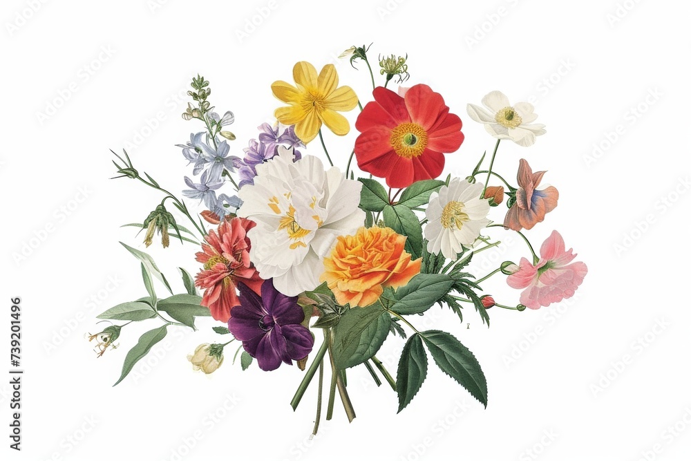 Beautiful bouquet of assorted flowers with leaves and stems on a clean white background illustration