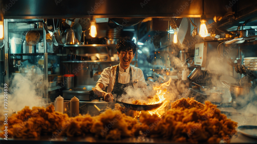 Chef with a large frying pan cooking over high heat. Happy Asian man cooking in the kitchen. Bokeh effect. AI generative Chef with a large frying pan cooking over high heat. Happy Asian man cooking in the kitchen. Bokeh effect. AI generative