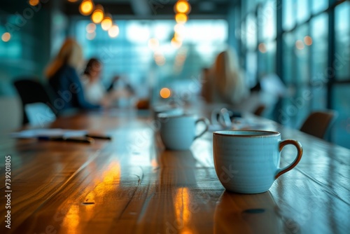 Conference room setting with multiple coffee cups on a wooden table, people in background