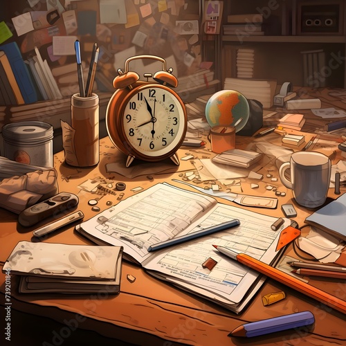 Scattered Thoughts. Capturing ADHD's Tangible Turmoil. Through the lens, a desk scene an unfinished letter, an open book, scattered pencils, encapsulating the tangible chaos of ADHD