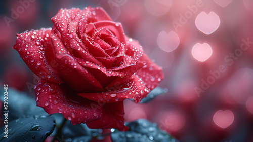 A vibrant red rose adorned with dew drops against a heart-shaped bokeh background. This image is perfect for: love, romance, Valentine’s Day, anniversaries, floral beauty.