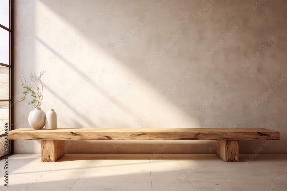A simple wooden bench placed in front of a window, creating a peaceful and inviting atmosphere in a room. The natural light filters through, casting a warm glow. A simple wooden bench placed in front of a window, creating a peaceful and inviting atmosphere in a room. The natural light filters through, casting a warm glow.