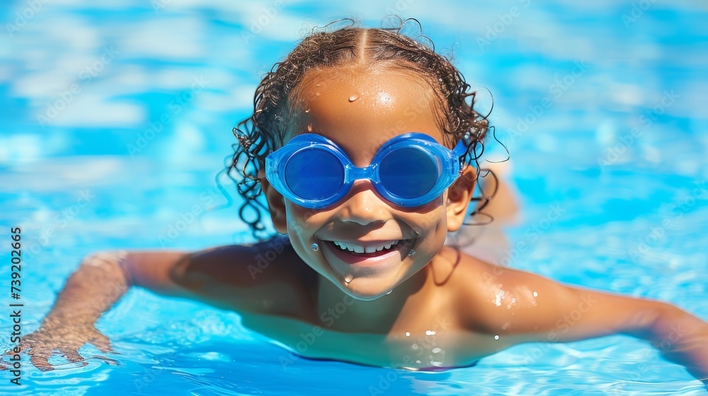 Close up of a young girl happily swimming in a pool under the bright sun on a beautiful summer day