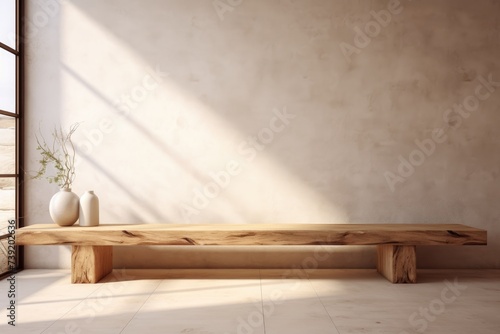 A simple wooden bench placed in front of a window, creating a peaceful and inviting atmosphere in a room. The natural light filters through, casting a warm glow.