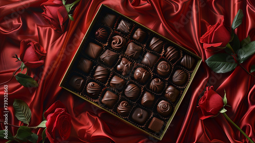 Delicious chocolates in a box with a red rose on a red silk 