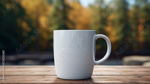 A mockup of a white coffee mug, White coffee to go cup on wooden table, mockup, Template with porcelain cup of tea for design of branding identity. Easy to change colour. Isolated from the background