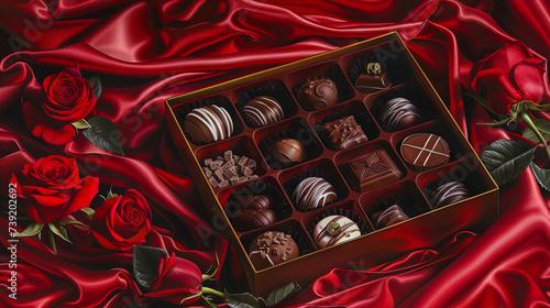 Delicious chocolates in a box with a red rose on a red silk background