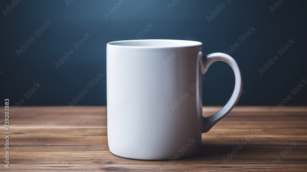 Fototapeta premium A mockup of a white coffee mug, White coffee to go cup on wooden table, mockup, Template with porcelain cup of tea for design of branding identity. Easy to change colour. Isolated from the background