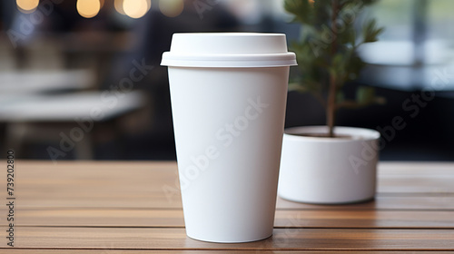 A mockup of a white coffee mug  White coffee to go cup on wooden table  mockup  Template with porcelain cup of tea for design of branding identity. Easy to change colour. Isolated from the background