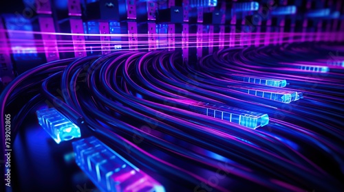 Internet cables and crimper with colored neon light. Network connection, data transfer and communication technology concept.