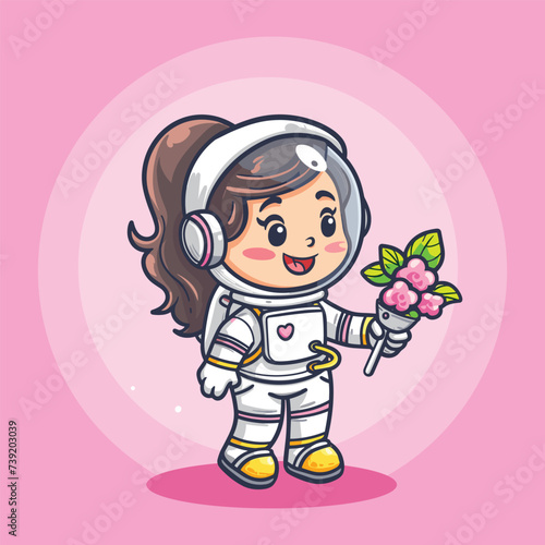 Cute astronaut girl character with a flower bokey vector caroon
