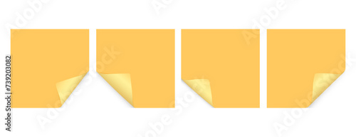 Set of yellow square sheets of note papers, sticky notes with curled corner and shadow, page curl turning effect. Vector illustration on isolated background.