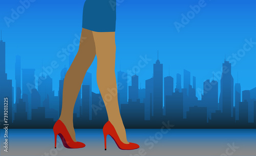 female legs in red stiletto heels against the backdrop of a futuristic city