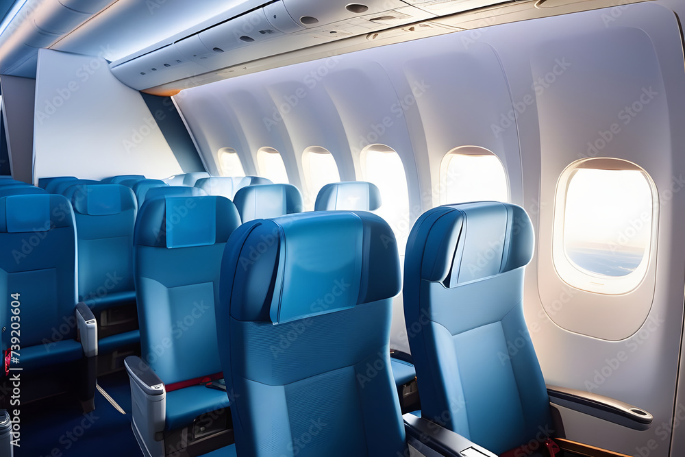 Inside an Airplane With Blue Seats Inside an Airplane With Blue Seats