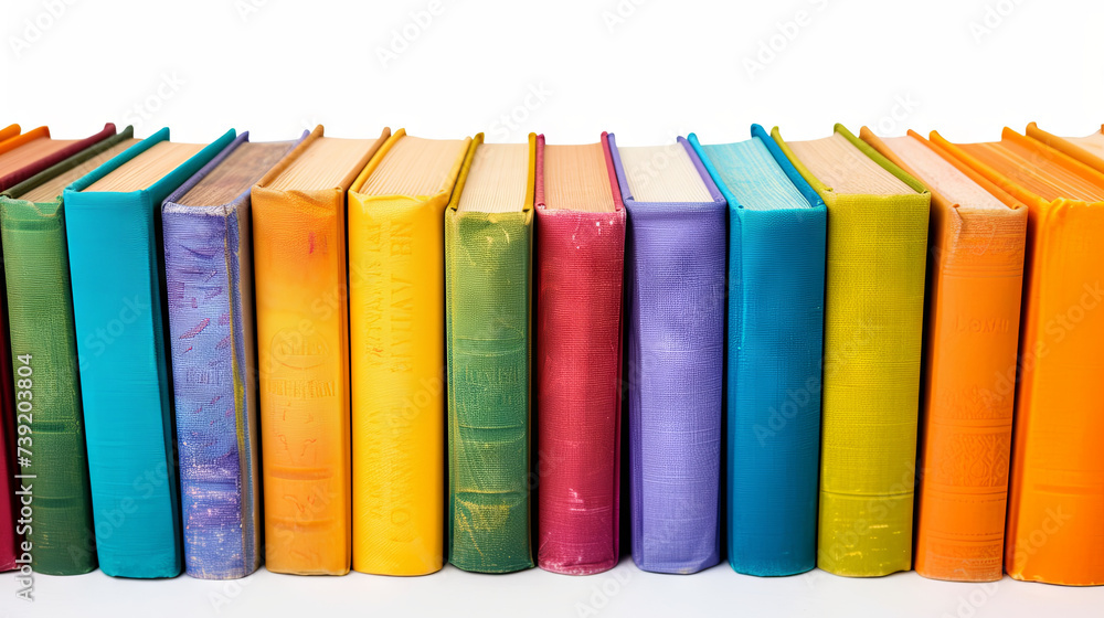 Side view of colorful books on white background Side view of colorful books on white background