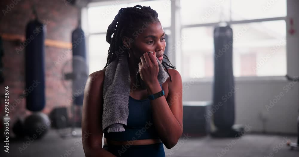 Gym, towel and tired black woman with fitness break, breathing or ...