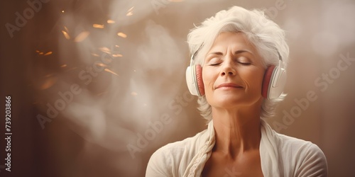 Elderly woman finds solace and balance through sound therapy and meditation. Concept Sound Therapy, Meditation, Elderly Health, Holistic Healing, Inner Peace