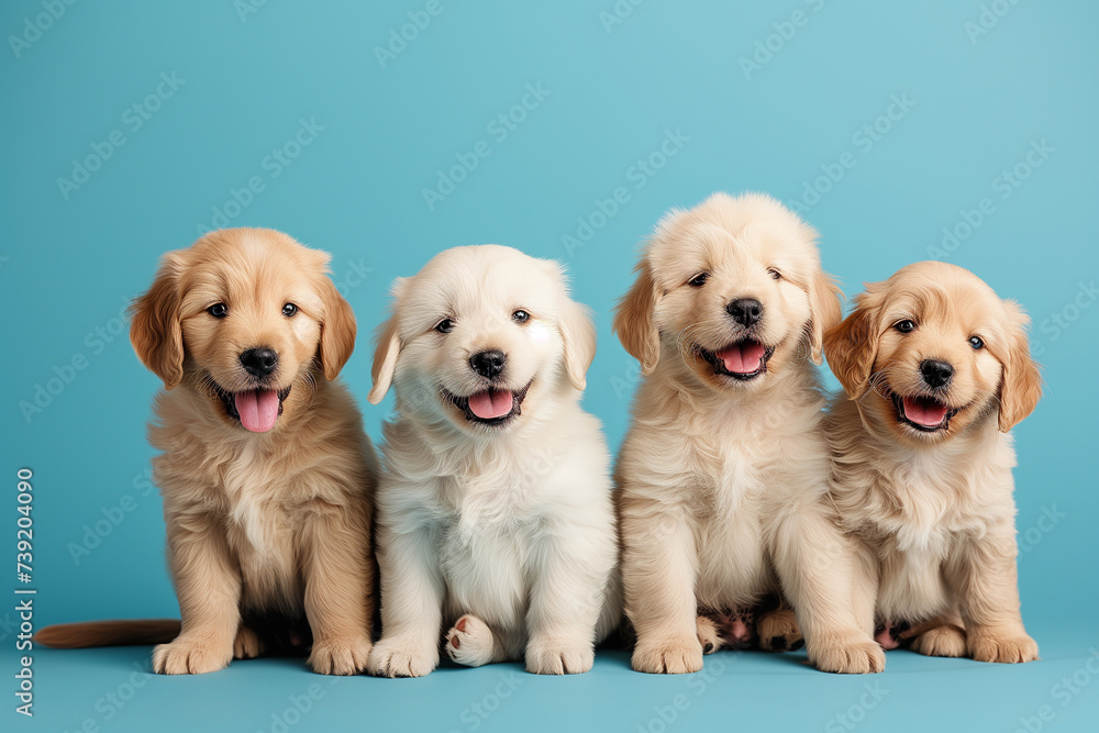 Group portrait of adorable puppies on blue background