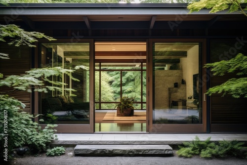 A contemporary residence showcasing a spacious interior with a prominent glass door offering abundant natural light and a seamless indoor-outdoor connection.