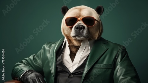 Anthropomorphic panda in business suit working in corporate studio with copy space, animal concept.