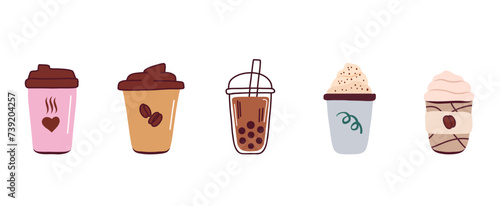 Didifferent types coffee. Set beverage. Coffee cup vector illustrations isolated on white background. Espresso, americano, cappuccino, latte cup, coffee bubble, glace, irish, mead raf, mocha, macchiat
