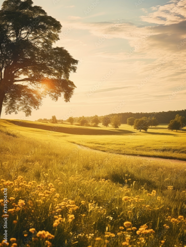 Nostalgic Serenity: Beautiful Countryside View at Golden Hour