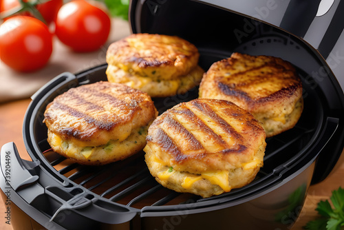 Three Hamburger Patties Grilling With Tomatoes Background