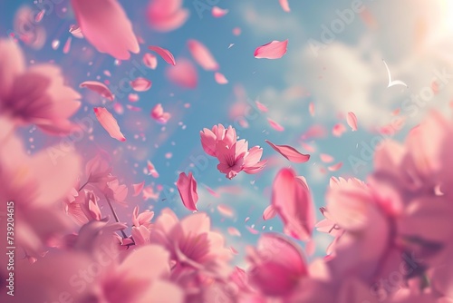 Sakura petals falling down. Cherry Blossom Petals. Romantic pink flowers falling rain. Flying petals on blue sky wide background. Love  romance concept. Likable wedding invitation.