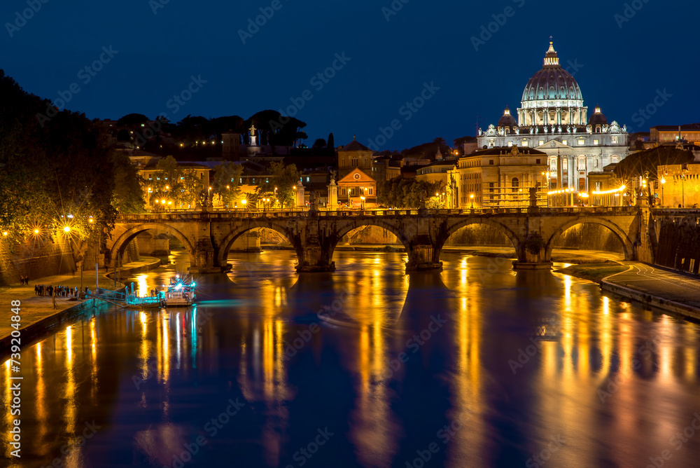 Rome, Italy. Papal Basilica Of St. Peter In The Vatican And Aelian Bridge In Evening Night Illuminations. Day To NIght Time Lapse. Sunset Time.