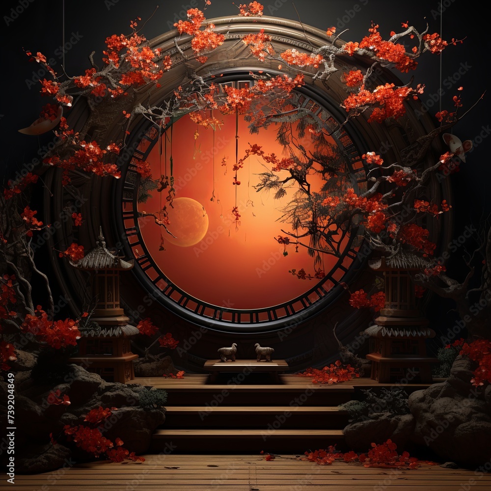 Obraz premium Ornate Stage Background with Japanese Elements