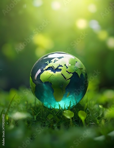 Concept Save the world save environment The world is in the grass of the green bokeh background Generative AI